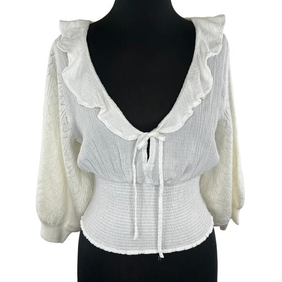 FREE PEOPLE Ivory Billie Cascade Ruffle 3/4 Puff Sleeve Smocked Sweater Top Sz S - Picture 1 of 12